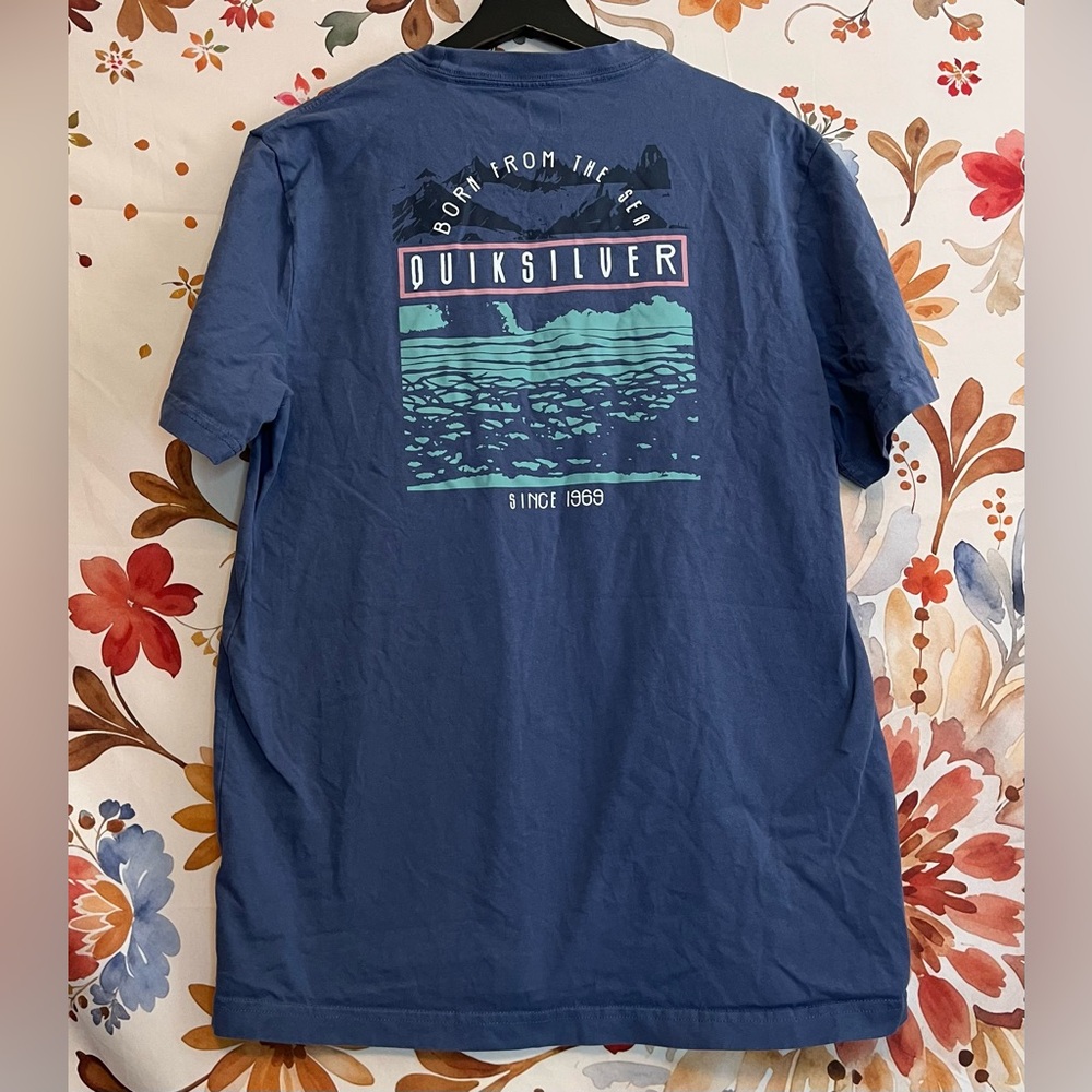 Quiksilver Womens L Blue Pink Graphic Classic Surfer Cali Spring Beach Tee